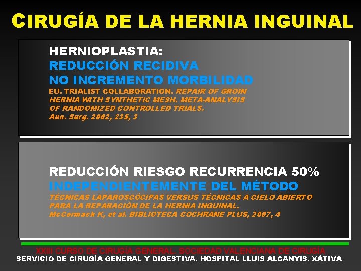 CIRUGÍA DE LA HERNIA INGUINAL HERNIOPLASTIA: REDUCCIÓN RECIDIVA NO INCREMENTO MORBILIDAD EU. TRIALIST COLLABORATION.