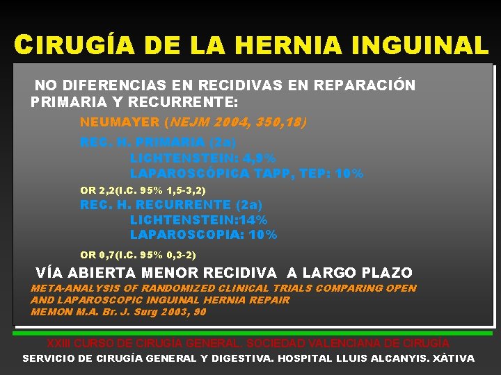 CIRUGÍA DE LA HERNIA INGUINAL NO DIFERENCIAS EN RECIDIVAS EN REPARACIÓN PRIMARIA Y RECURRENTE: