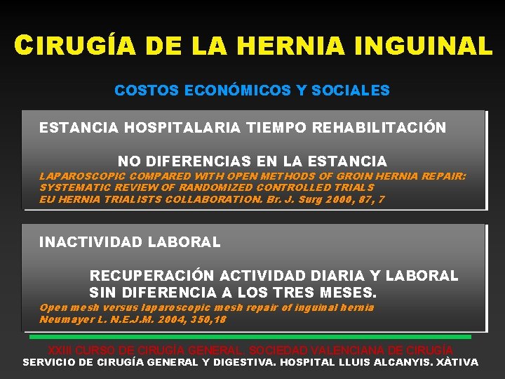 CIRUGÍA DE LA HERNIA INGUINAL COSTOS ECONÓMICOS Y SOCIALES ESTANCIA HOSPITALARIA TIEMPO REHABILITACIÓN NO