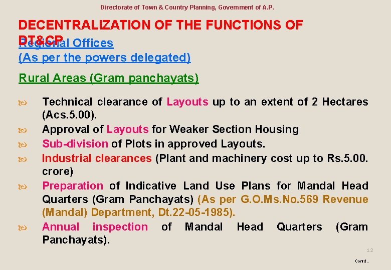 Directorate of Town & Country Planning, Government of A. P. DECENTRALIZATION OF THE FUNCTIONS