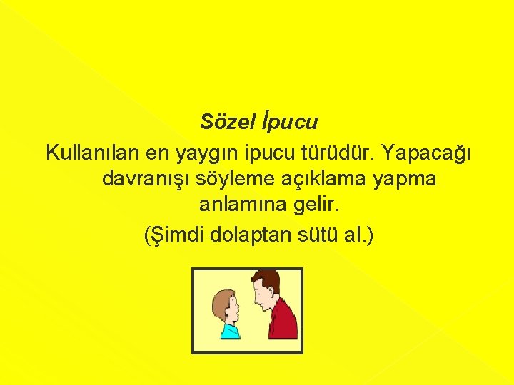 Sözel İpucu Kullanılan en yaygın ipucu türüdür. Yapacağı davranışı söyleme açıklama yapma anlamına gelir.