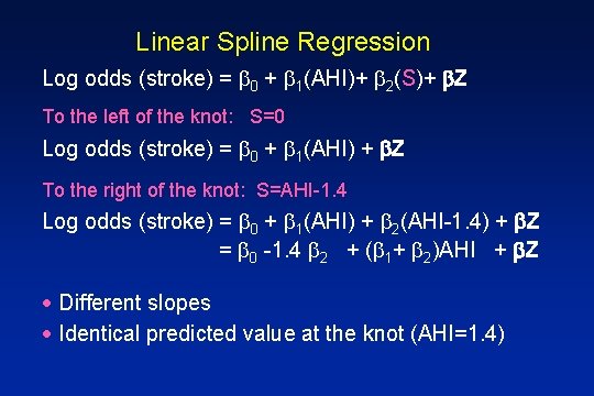 Linear Spline Regression Log odds (stroke) = 0 + 1(AHI)+ 2(S)+ Z To the
