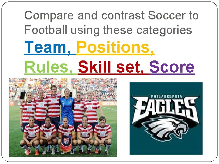 Compare and contrast Soccer to Football using these categories Team, Positions, Rules, Skill set,