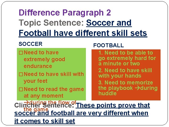 Difference Paragraph 2 Topic Sentence: Soccer and Football have different skill sets SOCCER FOOTBALL