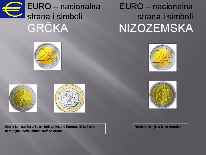 EURO – nacionalna strana i simboli GRČKA NIZOZEMSKA Scena iz mozaika u Sparti koja