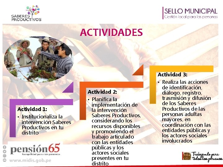 ACTIVIDADES Actividad 3: Actividad 2: Actividad 1: • Institucionaliza la intervención Saberes Productivos en