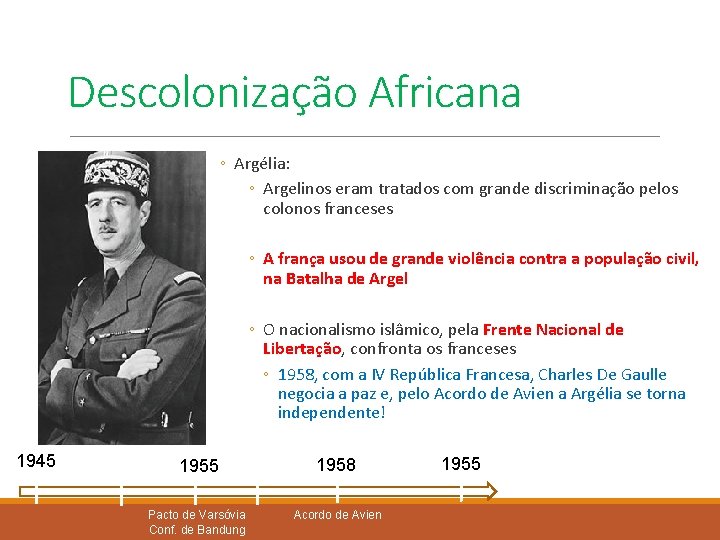 Descolonização Africana ◦ Argélia: ◦ Argelinos eram tratados com grande discriminação pelos colonos franceses