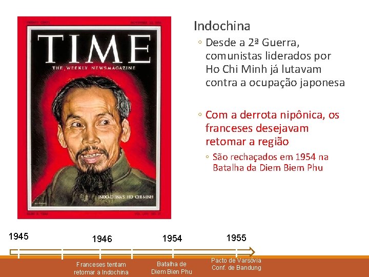 Indochina ◦ Desde a 2ª Guerra, comunistas liderados por Ho Chi Minh já lutavam