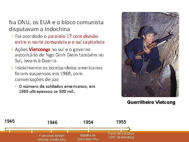 Na ONU, os EUA e o bloco comunista disputavam a Indochina ◦ Foi acordado