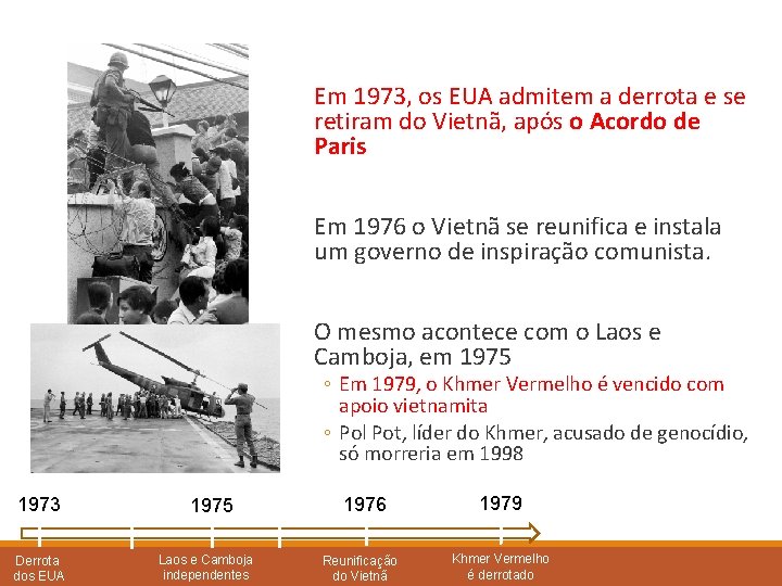 Em 1973, os EUA admitem a derrota e se retiram do Vietnã, após o