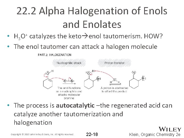 22. 2 Alpha Halogenation of Enols and Enolates • H 3 O+ catalyzes the