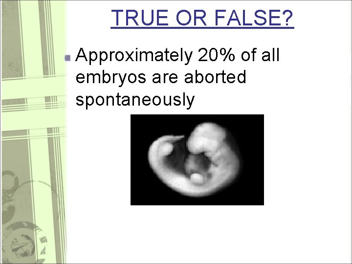 TRUE OR FALSE? Approximately 20% of all embryos are aborted spontaneously 