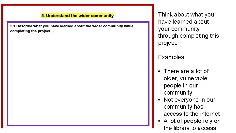 Think about what you have learned about your community through completing this project. Examples: