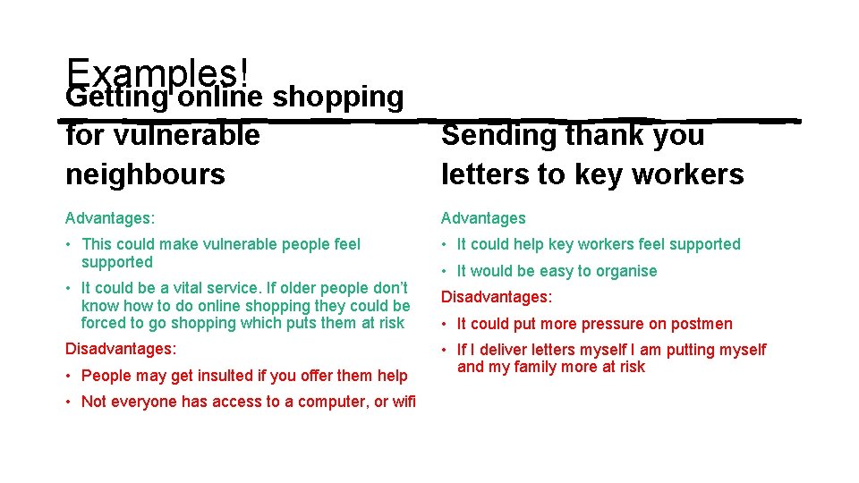 Examples! Getting online shopping for vulnerable neighbours Sending thank you letters to key workers