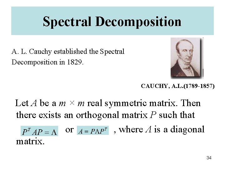 Spectral Decomposition A. L. Cauchy established the Spectral Decomposition in 1829. CAUCHY, A. L.