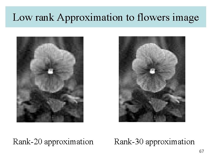 Low rank Approximation to flowers image Rank-20 approximation Rank-30 approximation 67 