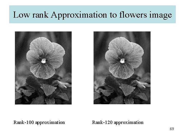 Low rank Approximation to flowers image Rank-100 approximation Rank-120 approximation 69 