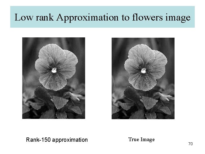 Low rank Approximation to flowers image Rank-150 approximation True Image 70 