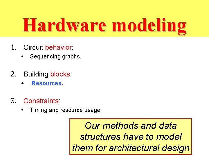 Hardware modeling 1. Circuit behavior: • Sequencing graphs. 2. Building blocks: • Resources. 3.