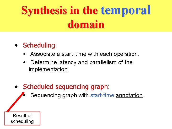 Synthesis in the temporal domain • Scheduling: • Associate a start-time with each operation.