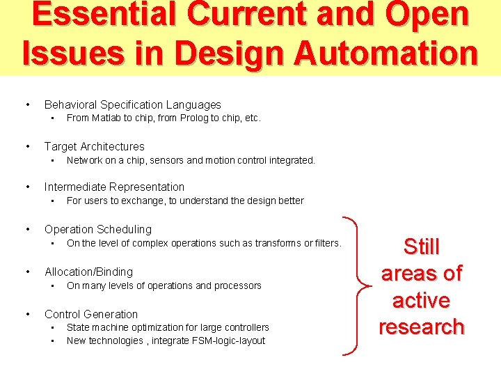 Essential Current and Open Issues in Design Automation • Behavioral Specification Languages • •