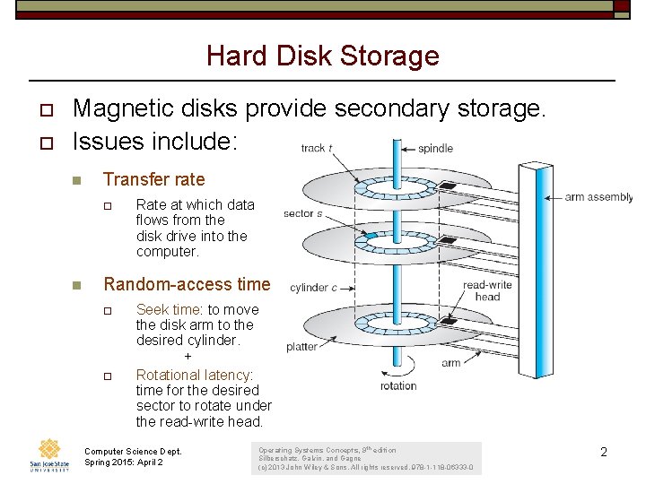 Hard Disk Storage o o Magnetic disks provide secondary storage. Issues include: n Transfer
