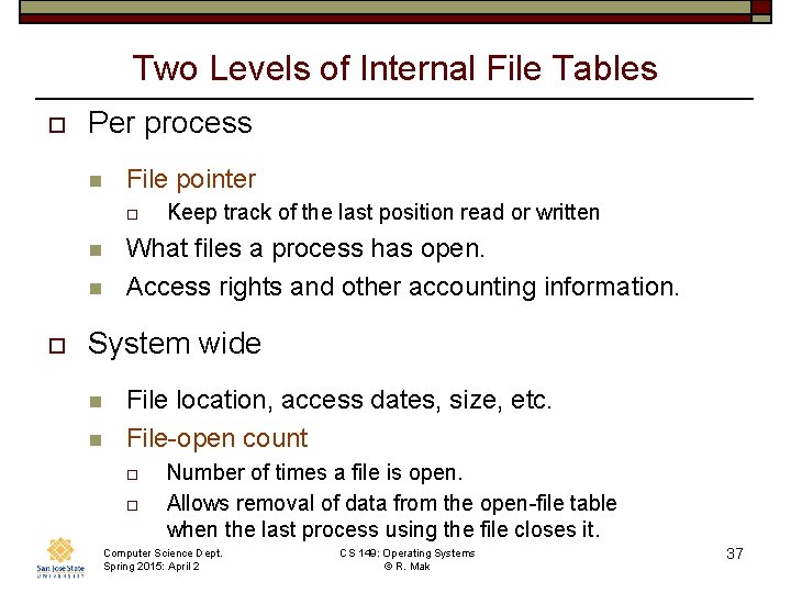 Two Levels of Internal File Tables o Per process n File pointer o n