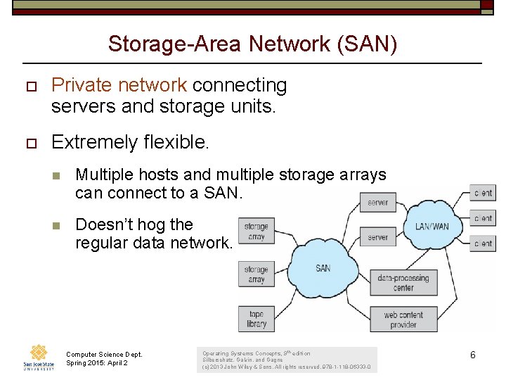 Storage-Area Network (SAN) o Private network connecting servers and storage units. o Extremely flexible.