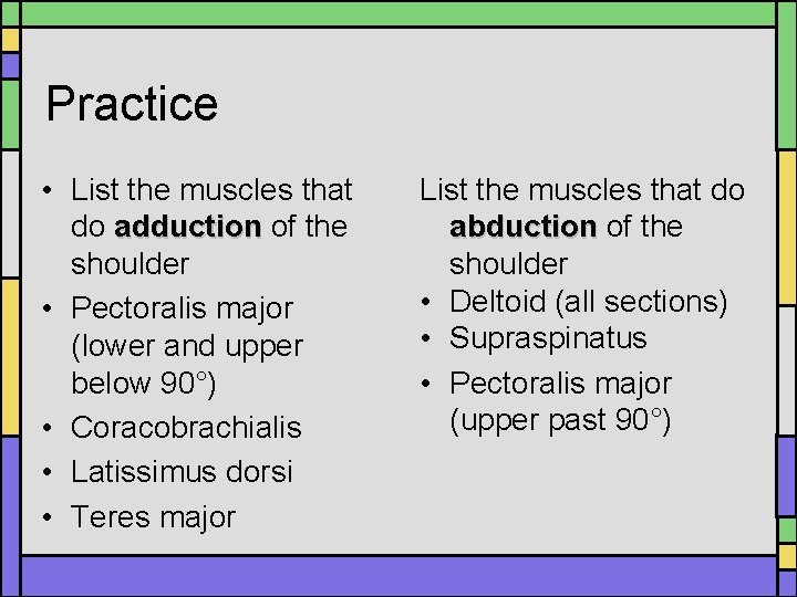 Practice • List the muscles that do adduction of the adduction shoulder • Pectoralis Practice • List the muscles that do adduction of the adduction shoulder • Pectoralis
