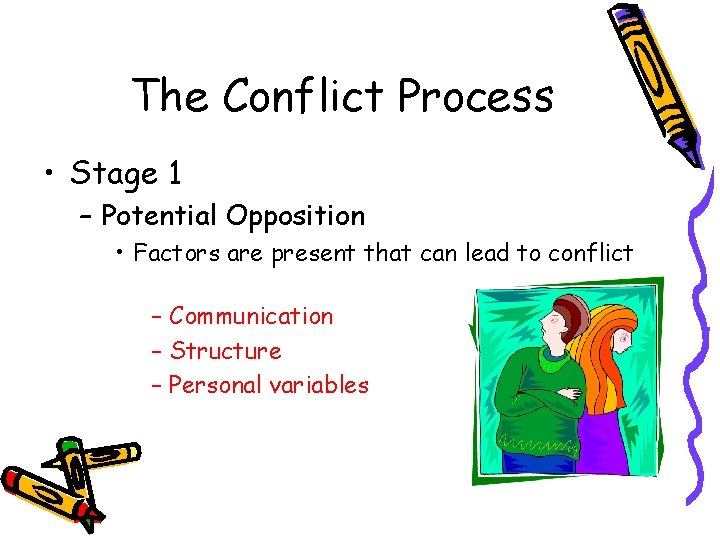 The Conflict Process • Stage 1 – Potential Opposition • Factors are present that