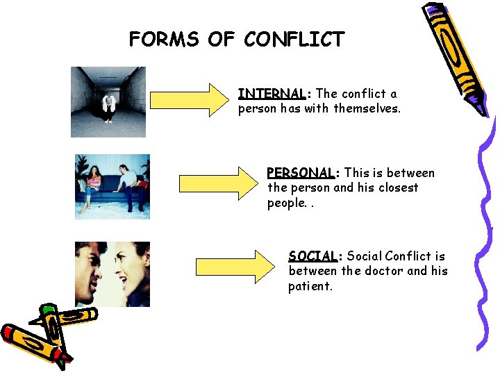 FORMS OF CONFLICT INTERNAL: The conflict a person has with themselves. PERSONAL: This is