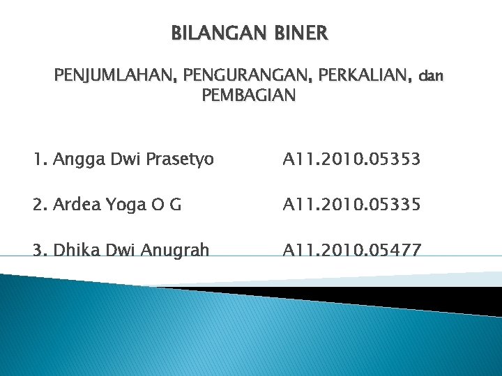 BILANGAN BINER PENJUMLAHAN, PENGURANGAN, PERKALIAN, dan PEMBAGIAN 1. Angga Dwi Prasetyo A 11. 2010.