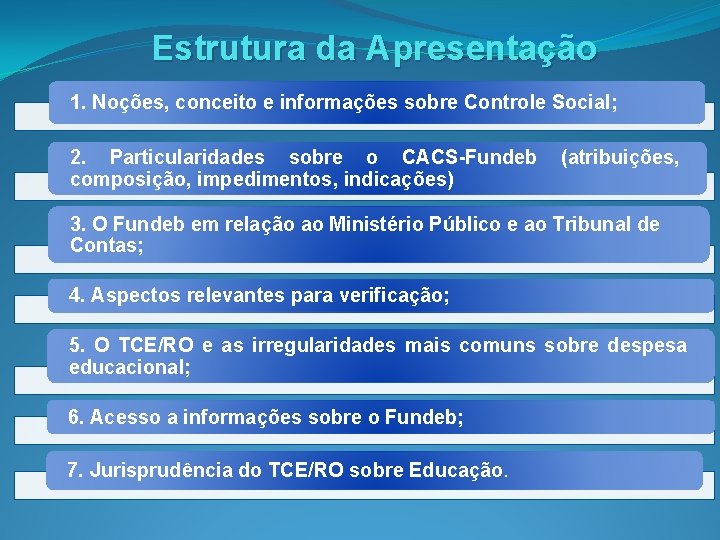 Estrutura da Apresentação 1. Noções, conceito e informações sobre Controle Social; 2. Particularidades sobre