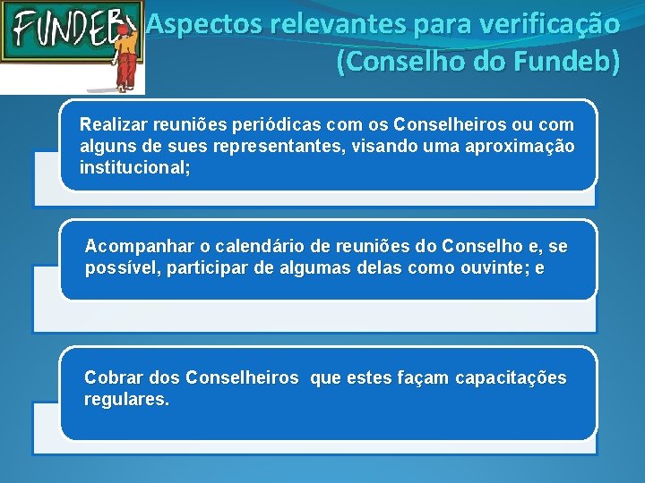 Aspectos relevantes para verificação (Conselho do Fundeb) Realizar reuniões periódicas com os Conselheiros ou