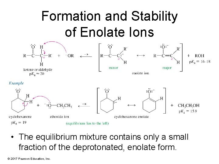 Formation and Stability of Enolate Ions • The equilibrium mixture contains only a small