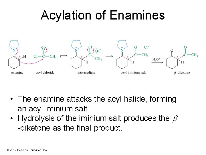 Acylation of Enamines • The enamine attacks the acyl halide, forming an acyl iminium