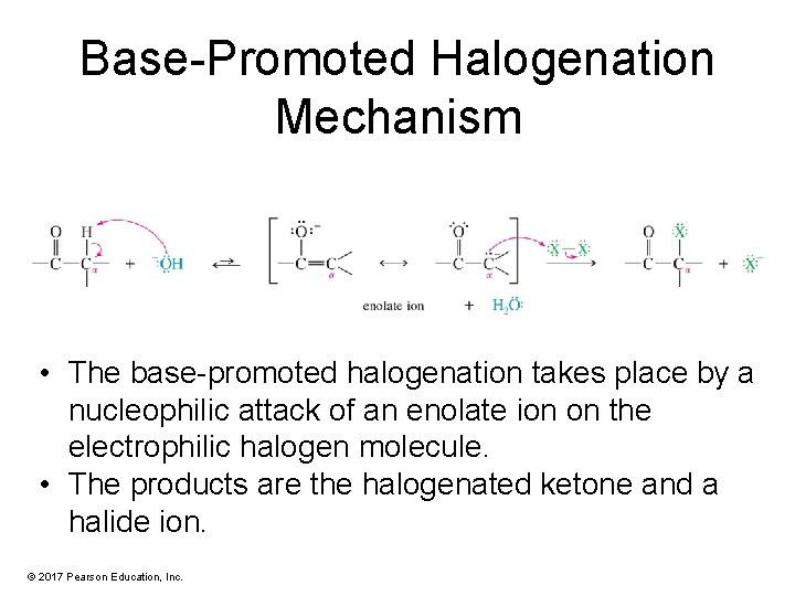 Base-Promoted Halogenation Mechanism • The base-promoted halogenation takes place by a nucleophilic attack of