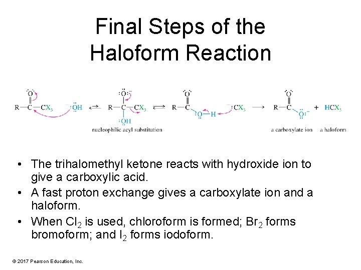 Final Steps of the Haloform Reaction • The trihalomethyl ketone reacts with hydroxide ion
