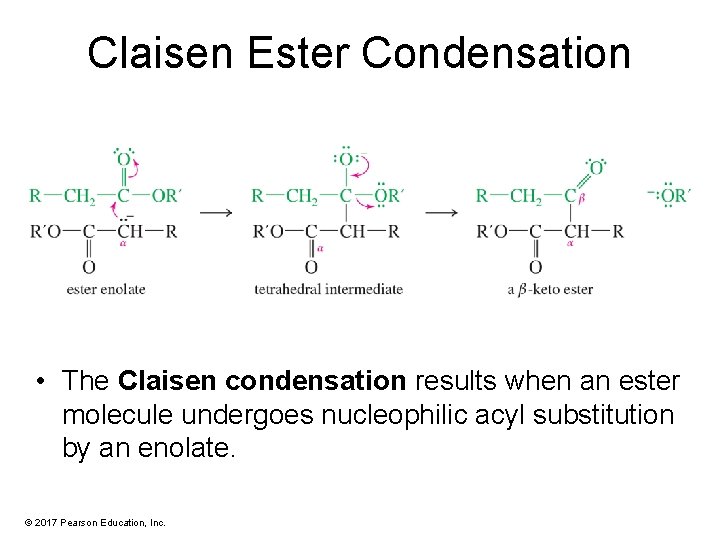 Claisen Ester Condensation • The Claisen condensation results when an ester molecule undergoes nucleophilic