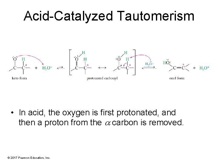 Acid-Catalyzed Tautomerism • In acid, the oxygen is first protonated, and then a proton