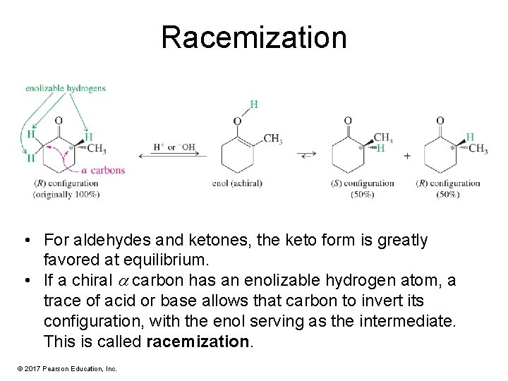 Racemization • For aldehydes and ketones, the keto form is greatly favored at equilibrium.