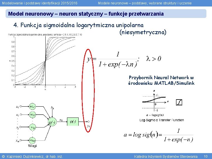 Modelowanie i podstawy identyfikacji 2015/2016 Modele neuronowe – podstawy, wybrane struktury i uczenie Model