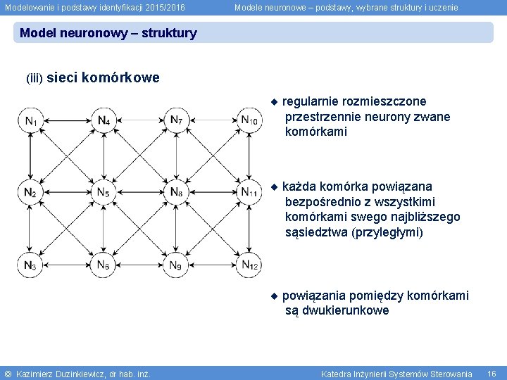 Modelowanie i podstawy identyfikacji 2015/2016 Modele neuronowe – podstawy, wybrane struktury i uczenie Model