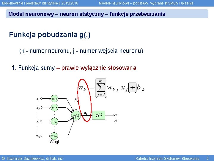 Modelowanie i podstawy identyfikacji 2015/2016 Modele neuronowe – podstawy, wybrane struktury i uczenie Model