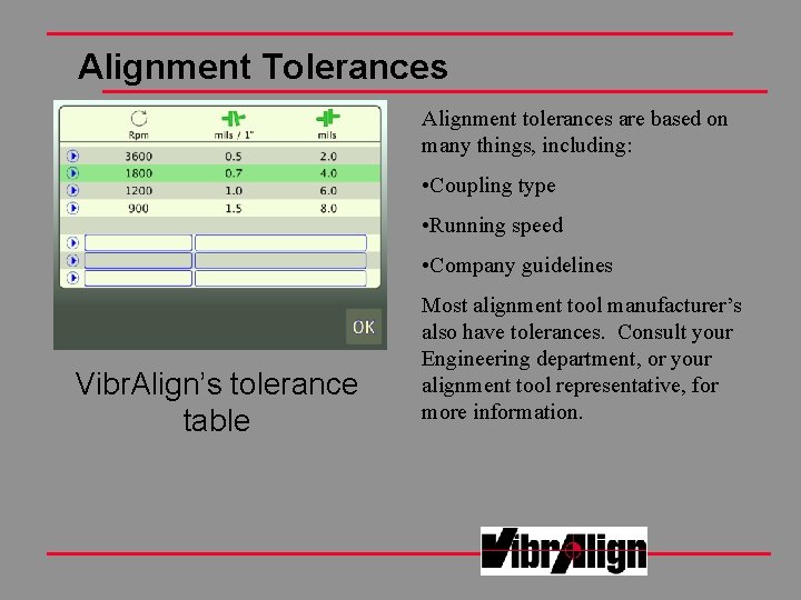 Alignment Tolerances Alignment tolerances are based on many things, including: • Coupling type • Alignment Tolerances Alignment tolerances are based on many things, including: • Coupling type •