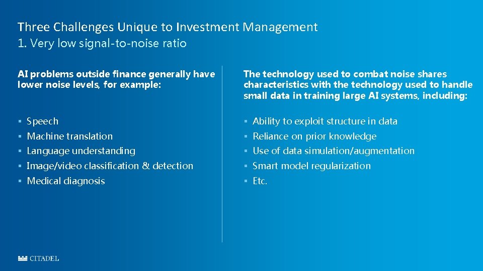Three Challenges Unique to Investment Management 1. Very low signal-to-noise ratio AI problems outside