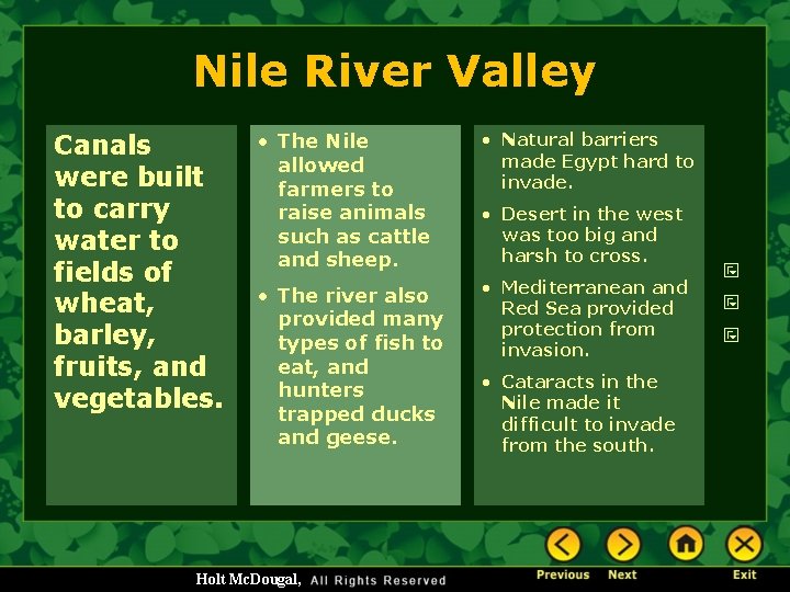 Nile River Valley Canals were built to carry water to fields of wheat, barley,