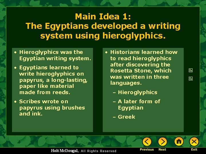 Main Idea 1: The Egyptians developed a writing system using hieroglyphics. • Hieroglyphics was