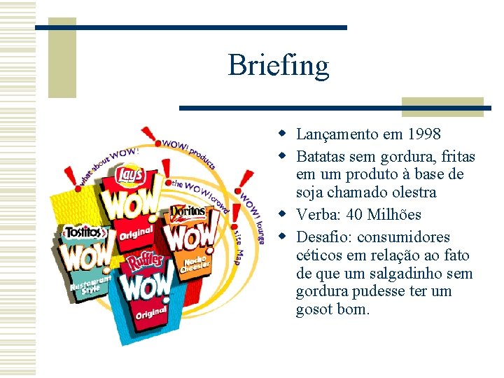 Briefing w Lançamento em 1998 w Batatas sem gordura, fritas em um produto à