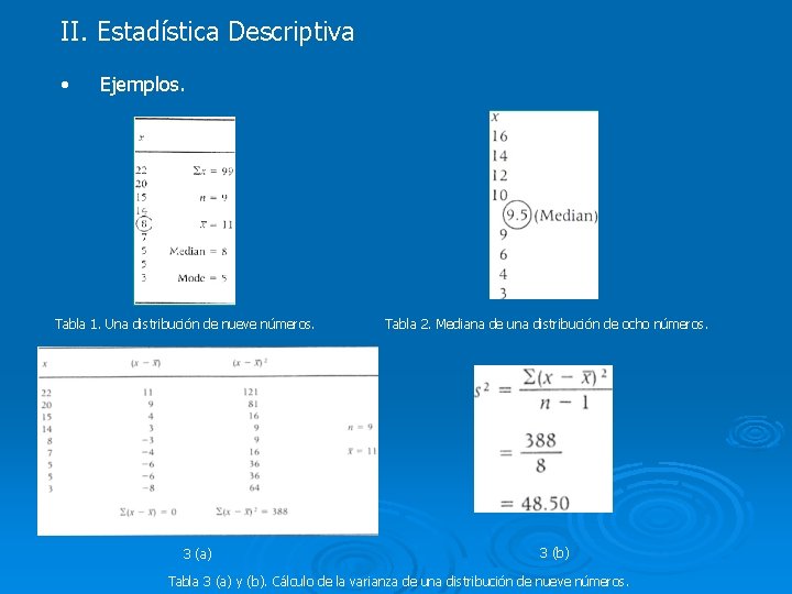 II. Estadística Descriptiva • Ejemplos. Tabla 1. Una distribución de nueve números. 3 (a)